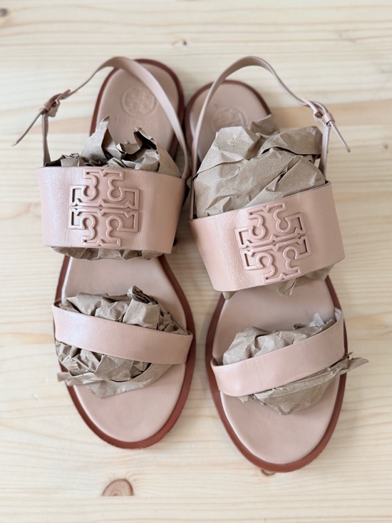 Tory Burch Shoes - Tory Burch Nude Leather Logo Double-Strap Slingback Sandals